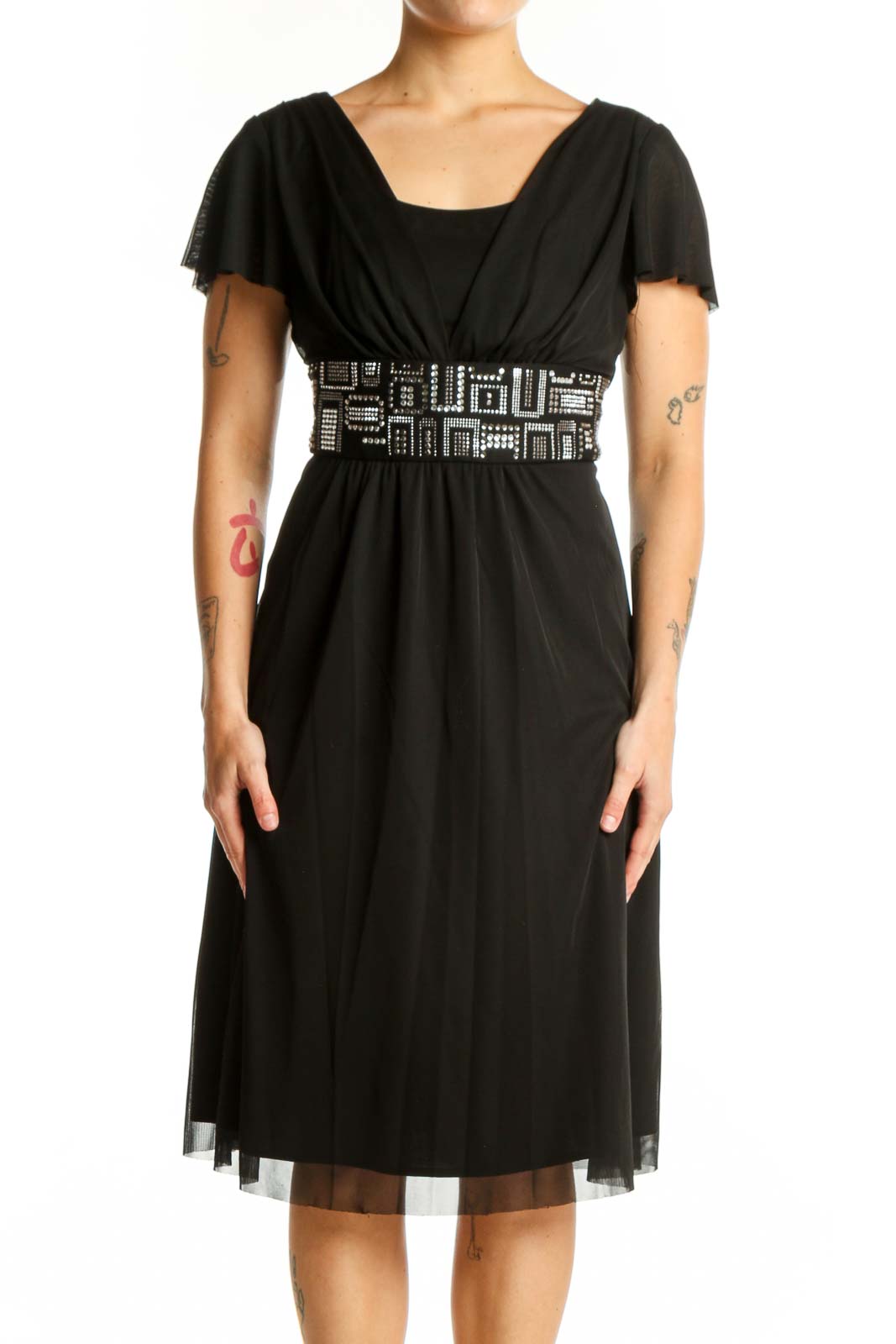 Black embellished empire waist midi dress with geometric beaded belt and flutter sleeves, front view