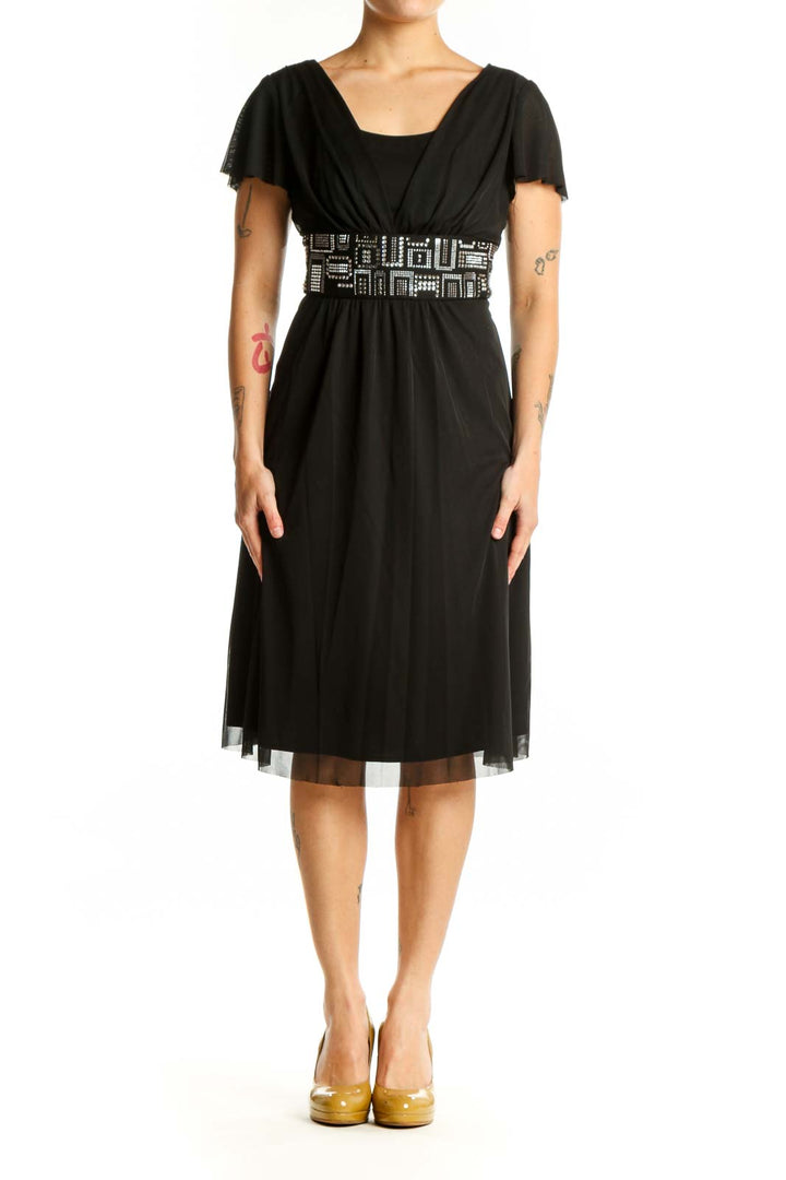 Black embellished empire waist midi dress with geometric beaded belt and flutter sleeves, front view
