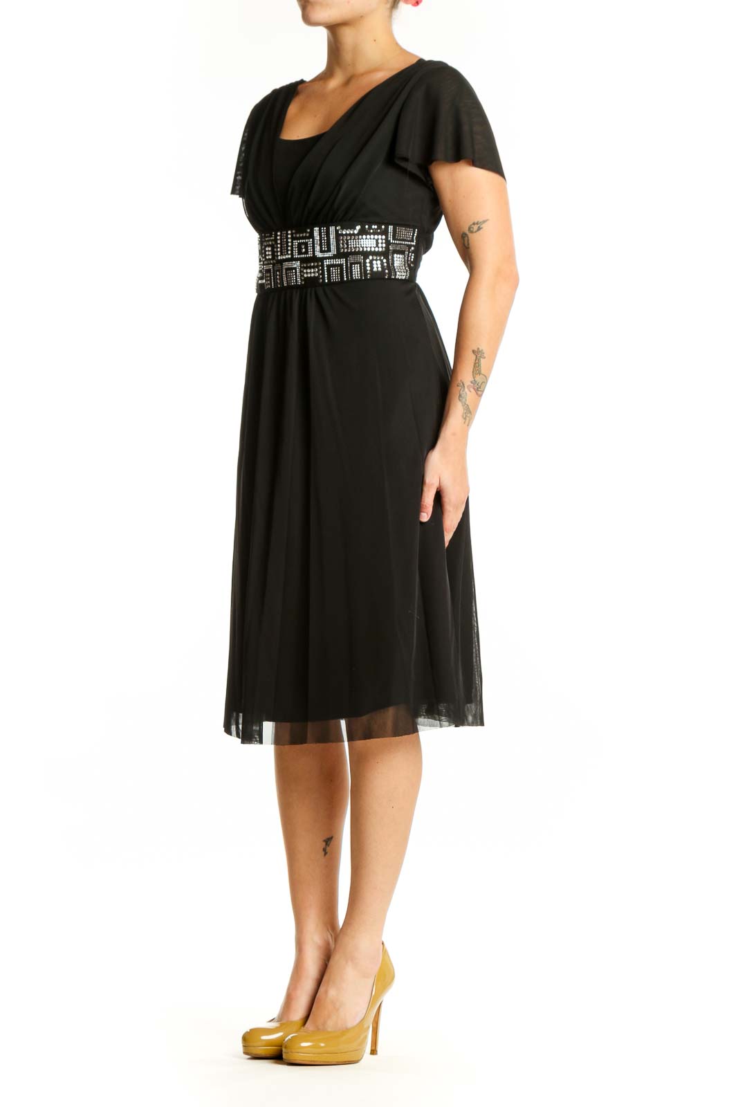 Black embellished empire waist midi dress with geometric beaded belt and flutter sleeves, front view