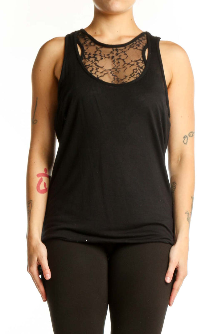 Black lace tank top with sheer lace neckline by Robert Rodriguez, front view