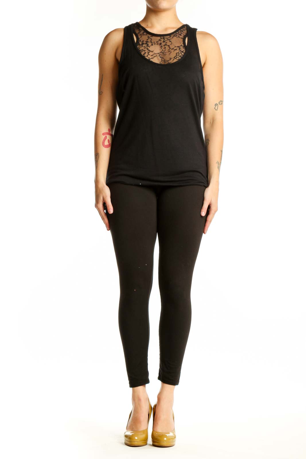 Black lace tank top with sheer lace neckline by Robert Rodriguez, front view