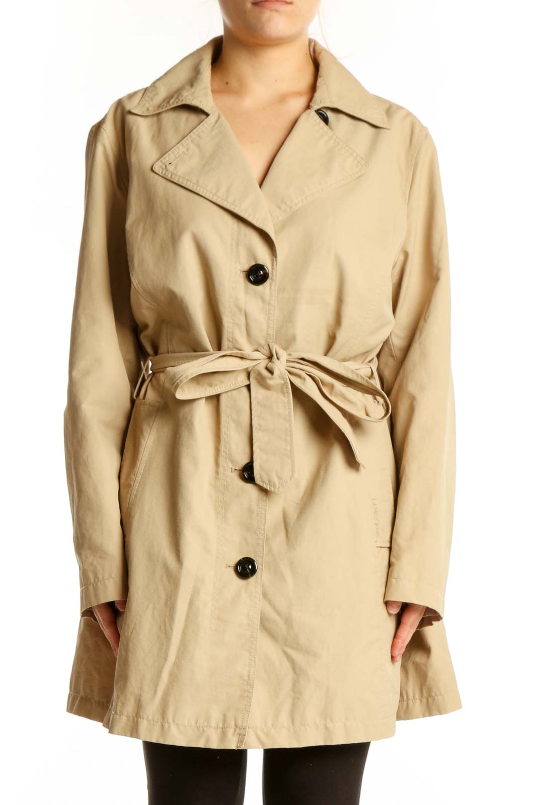 Beige button-front trench coat with adjustable belt and notched collar, front view