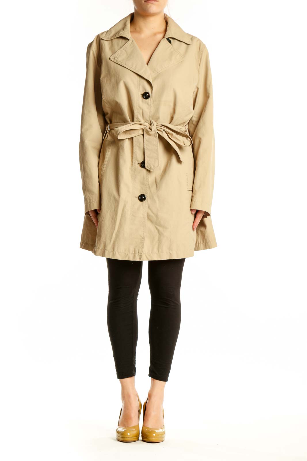 Beige button-front trench coat with adjustable belt and notched collar, front view
