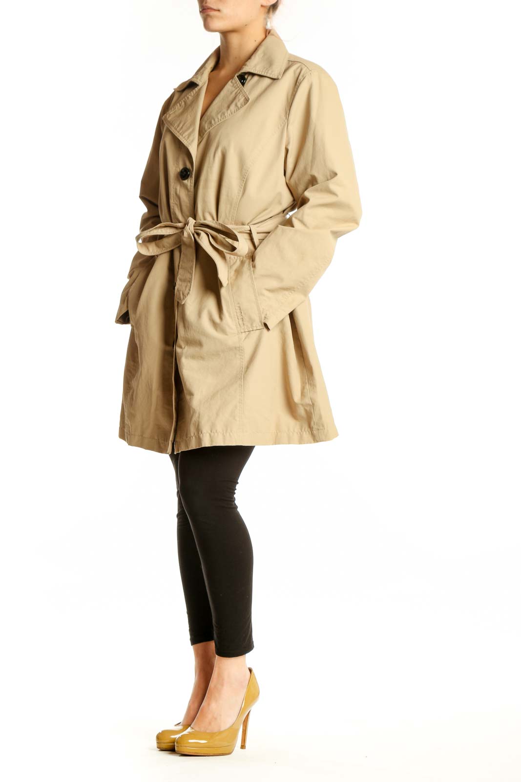 Beige button-front trench coat with adjustable belt and notched collar, front view