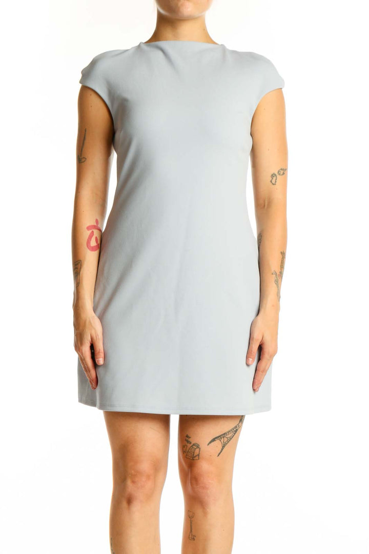 Gray cap sleeve shift dress front view, Express brand, size S with crew neckline and A-line silhouette