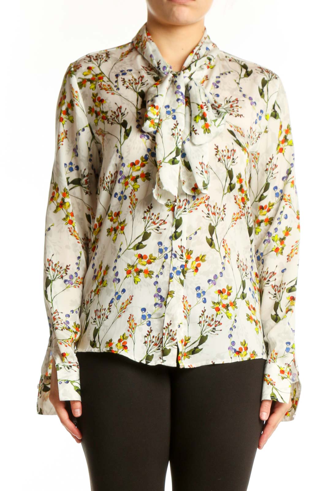 Cream floral button-up blouse with vibrant botanical print, long sleeves, and collared neckline