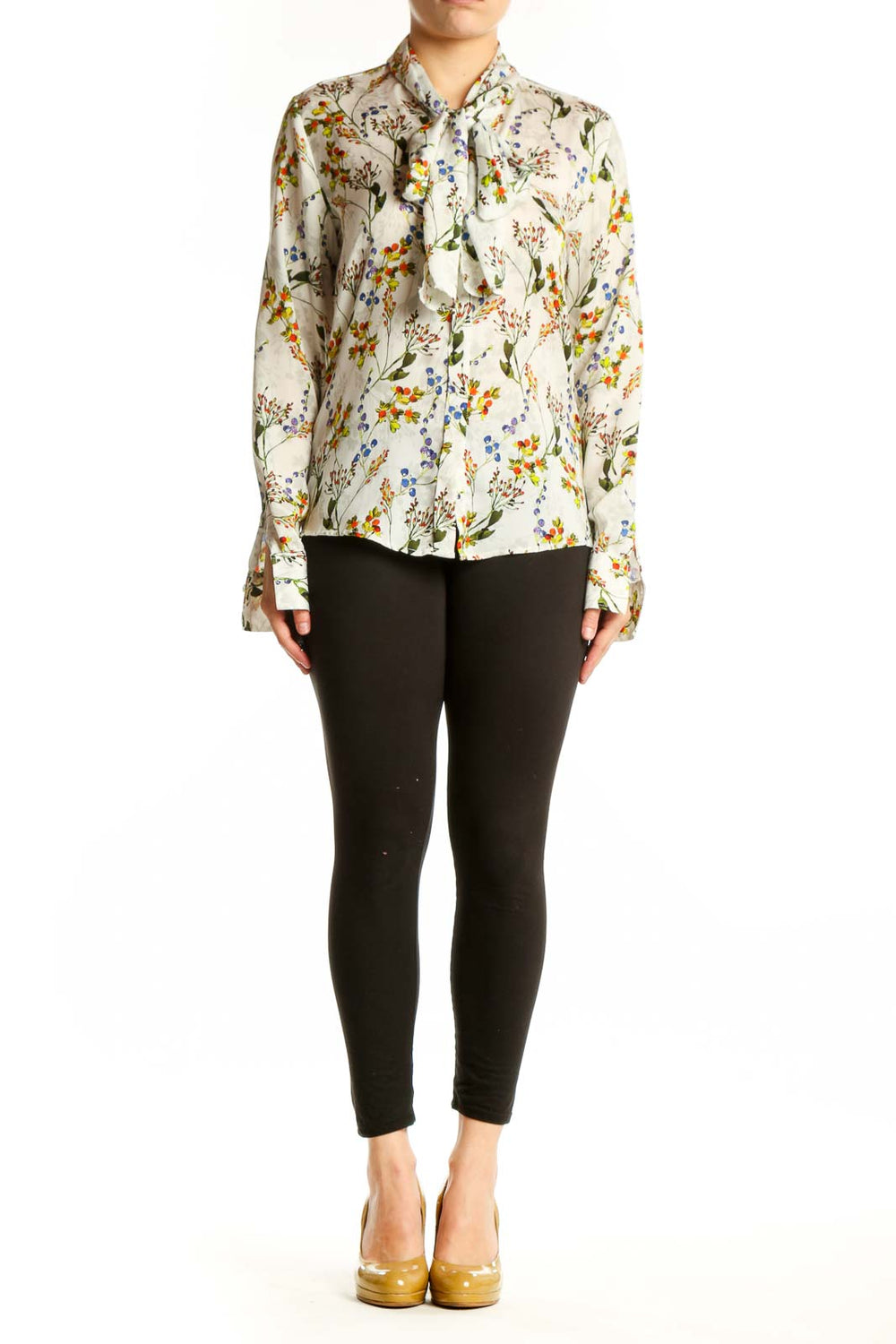 Cream floral button-up blouse with vibrant botanical print, long sleeves, and collared neckline
