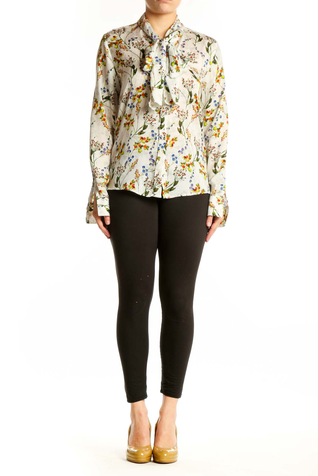Cream floral button-up blouse with vibrant botanical print, long sleeves, and collared neckline