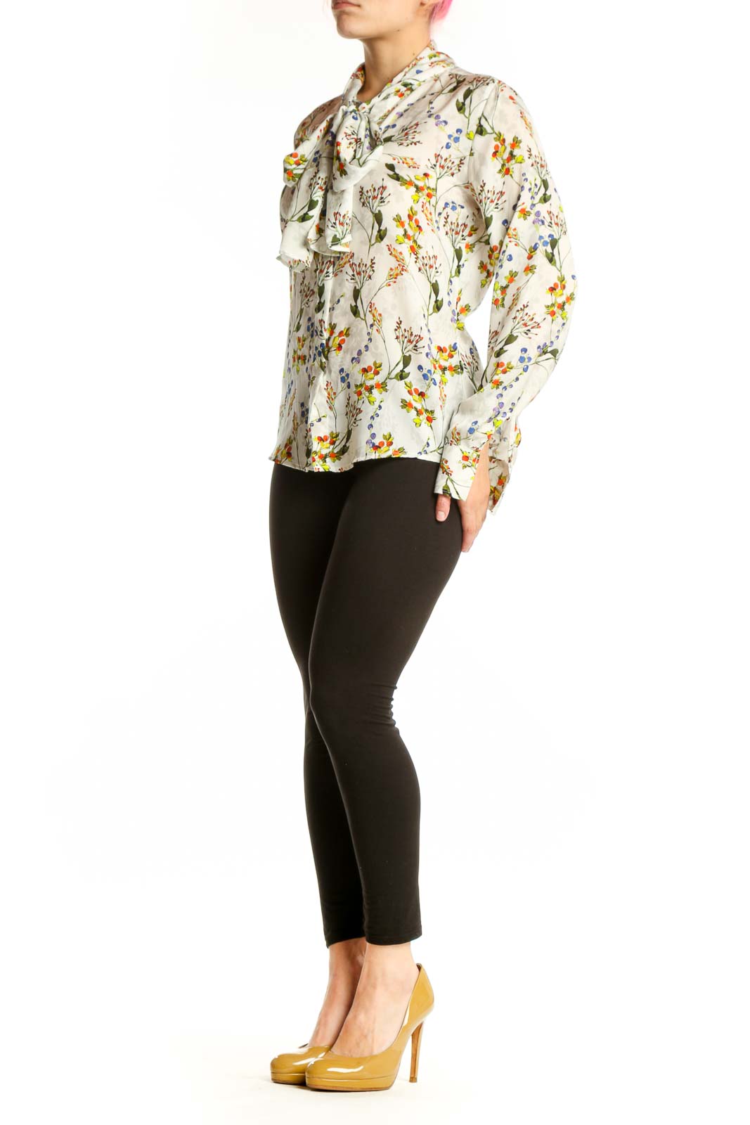Cream floral button-up blouse with vibrant botanical print, long sleeves, and collared neckline