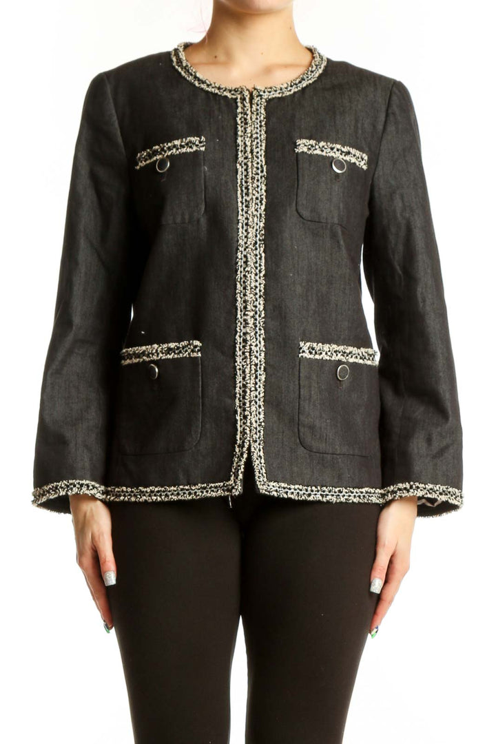Charcoal tweed blazer with cream and metallic trim detailing, front view on model