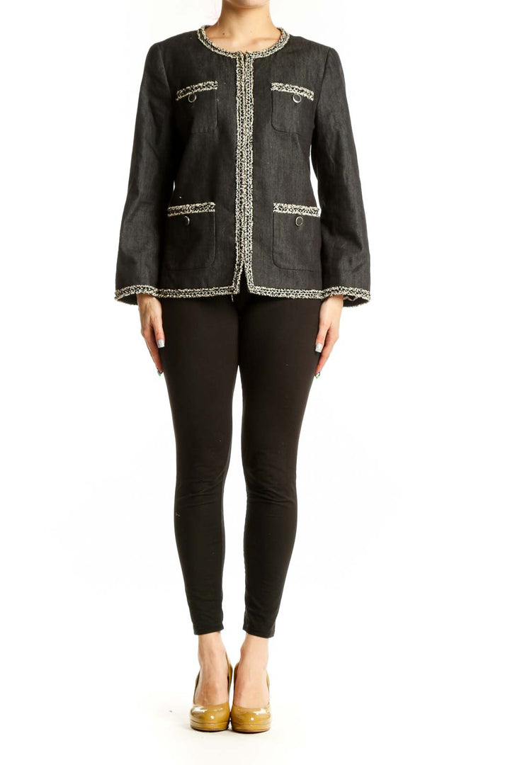 Charcoal tweed blazer with cream and metallic trim detailing, front view on model