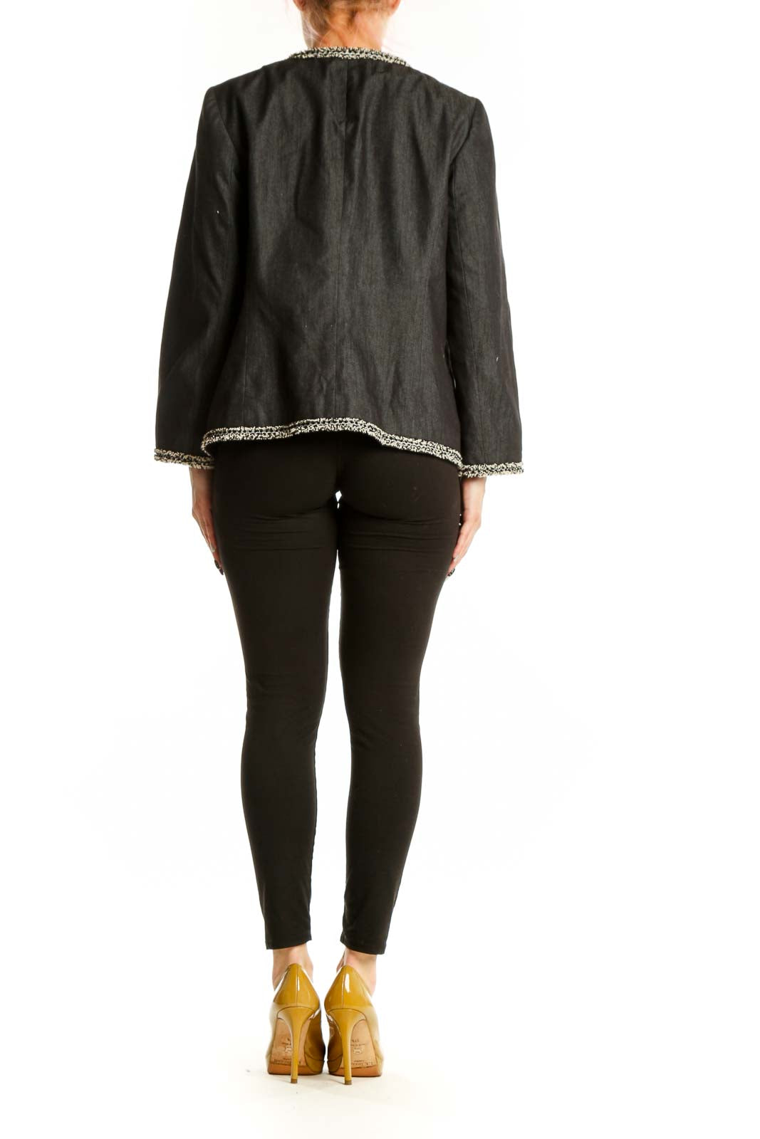 Charcoal tweed blazer with decorative trim, back view on model wearing black pants
