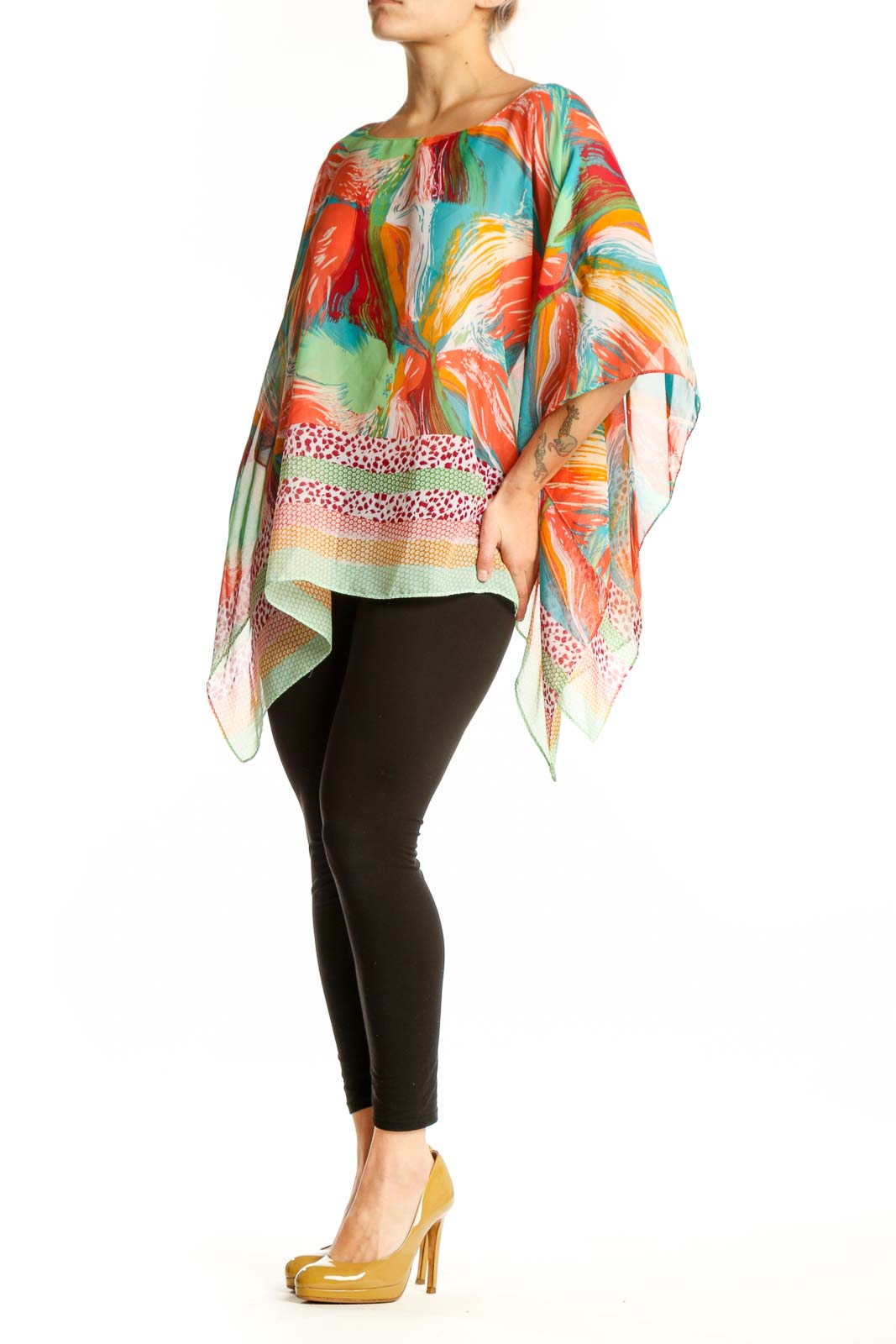 Multicolor abstract print poncho top with flowing asymmetrical hemline, featuring vibrant red, orange, green, blue and yellow brushstroke patterns