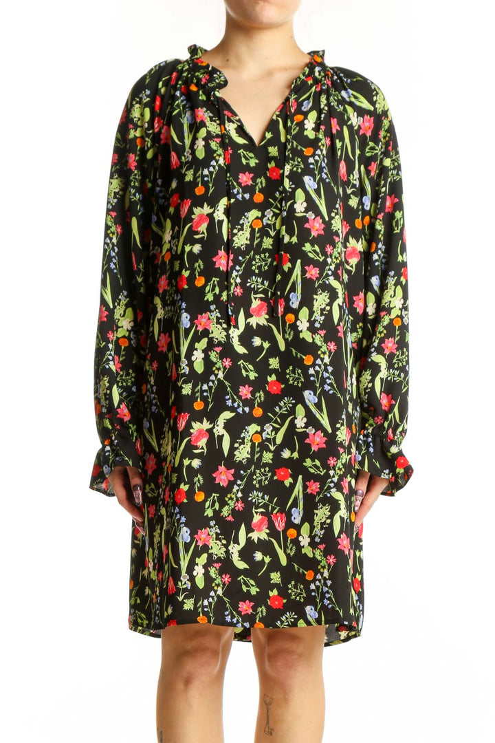 Black floral print polyester dress with V-neckline and long sleeves, front view