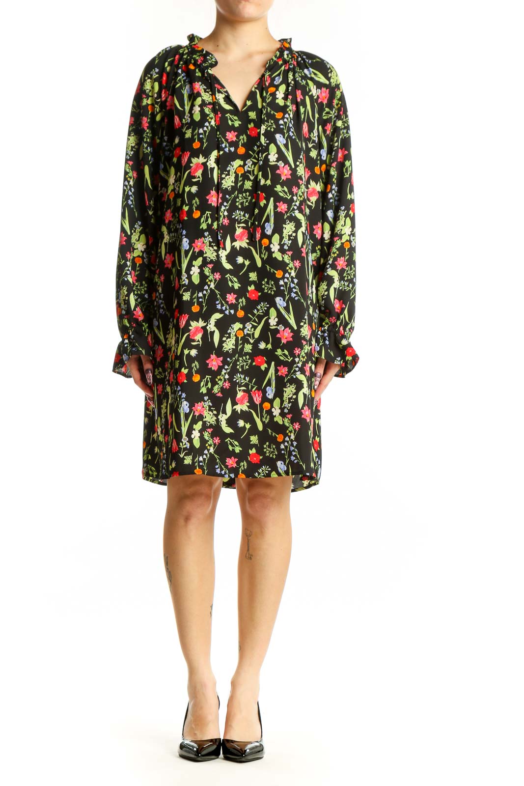 Black floral print polyester dress with V-neckline and long sleeves, front view