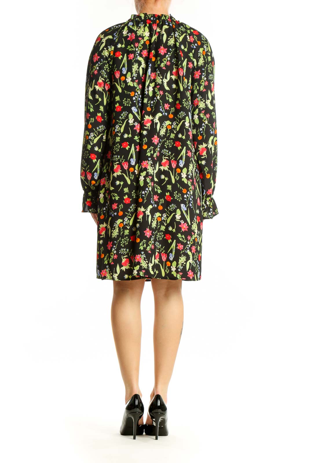 Black floral print polyester dress with ruched shoulders, back view