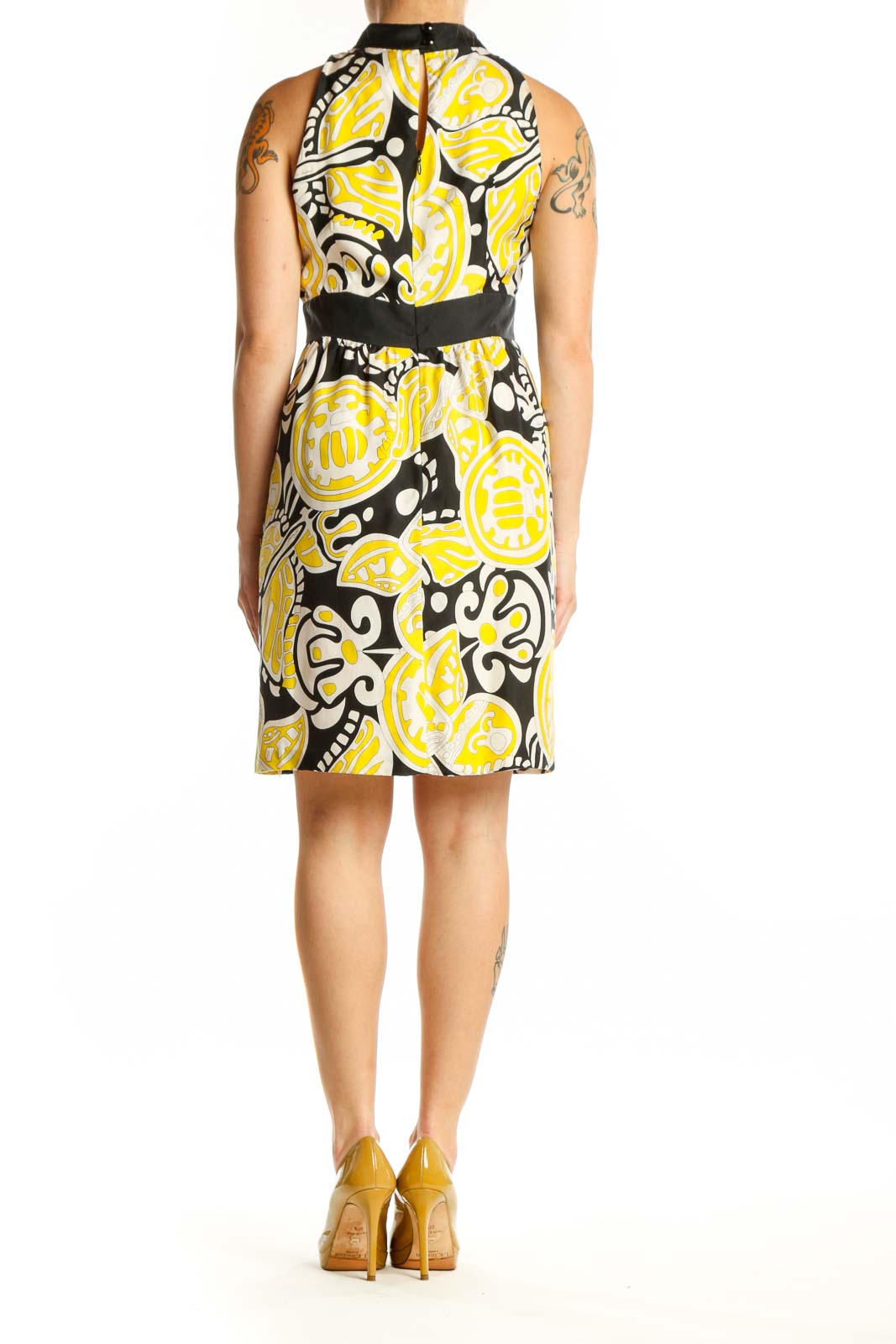Yellow and black abstract silk halter dress with color-blocked waistband, back view