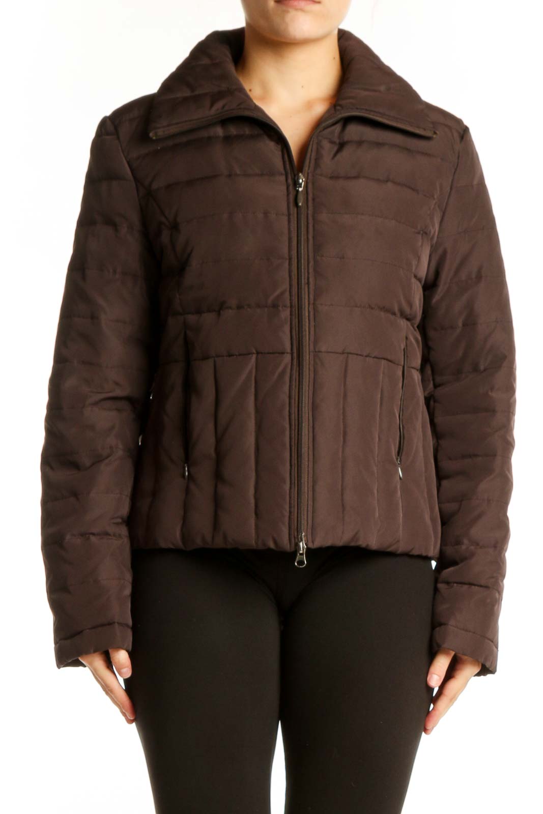 Brown quilted puffer jacket by Kenneth Cole Reaction with full-length zipper and structured collar, front view