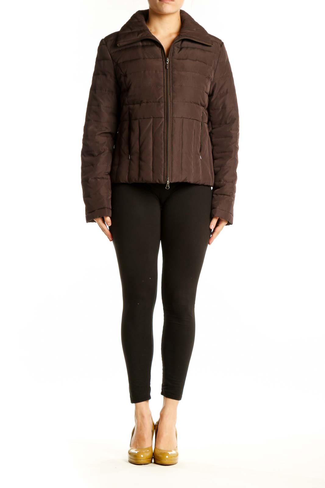 Brown quilted puffer jacket by Kenneth Cole Reaction with full-length zipper and structured collar, front view