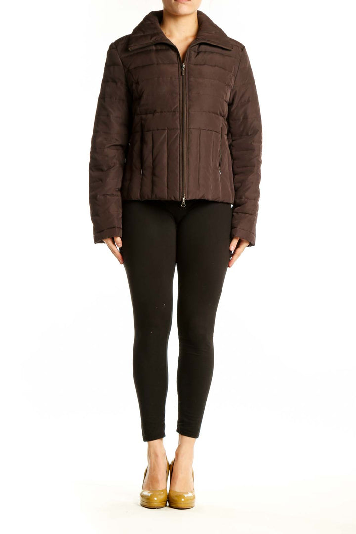 Brown quilted puffer jacket by Kenneth Cole Reaction with full-length zipper and structured collar, front view