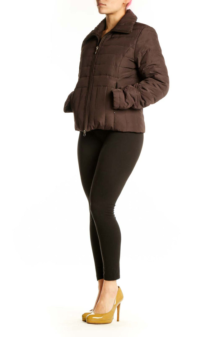 Brown quilted puffer jacket by Kenneth Cole Reaction with full-length zipper and structured collar, front view