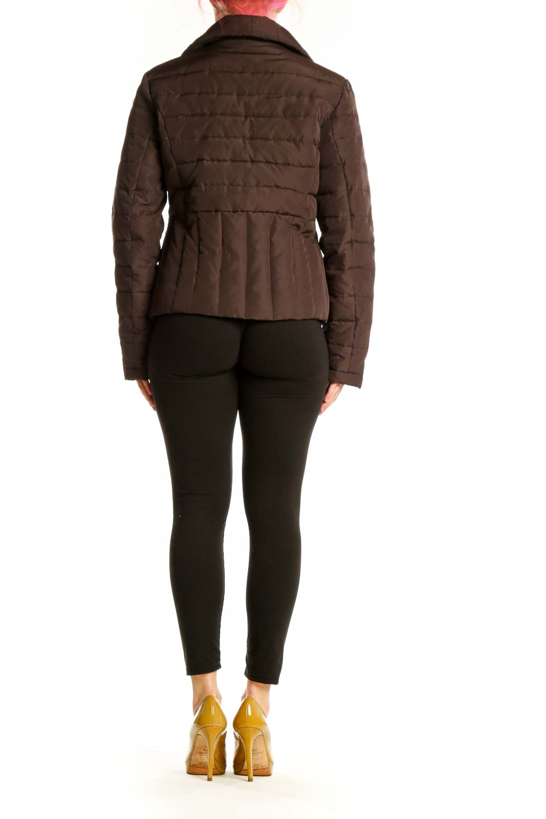 Brown quilted puffer jacket by Kenneth Cole Reaction showing back view and cropped silhouette