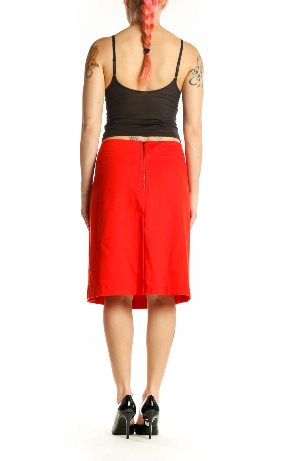 Red A-line midi skirt with pockets, back view showing side pockets and flattering silhouette