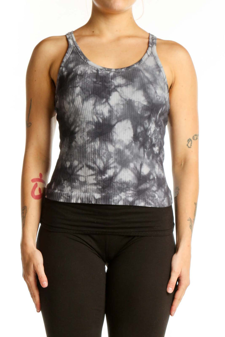 Gray tie-dye ribbed tank top front view on model, SilkRoll activewear