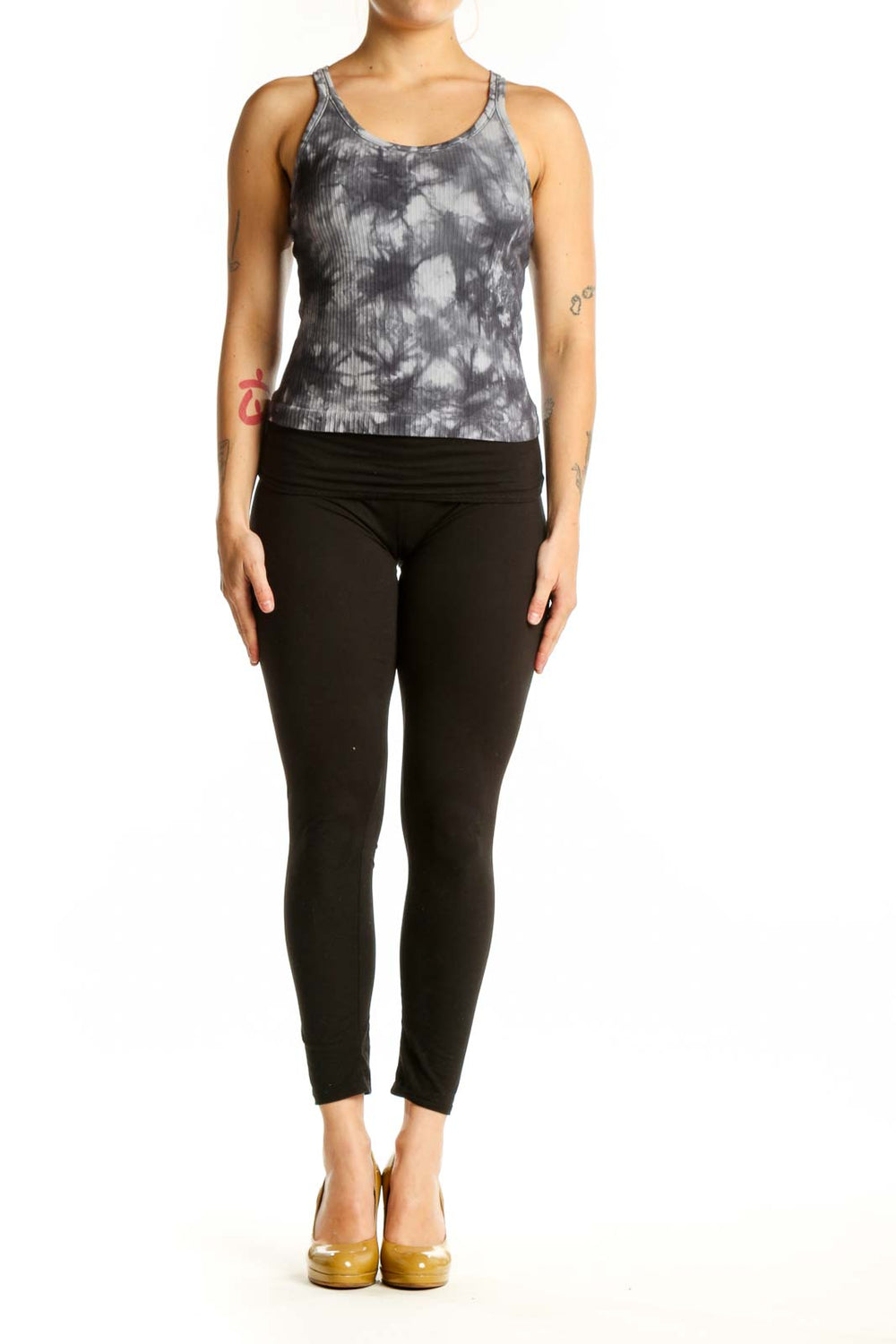 Gray tie-dye ribbed tank top front view on model, SilkRoll activewear