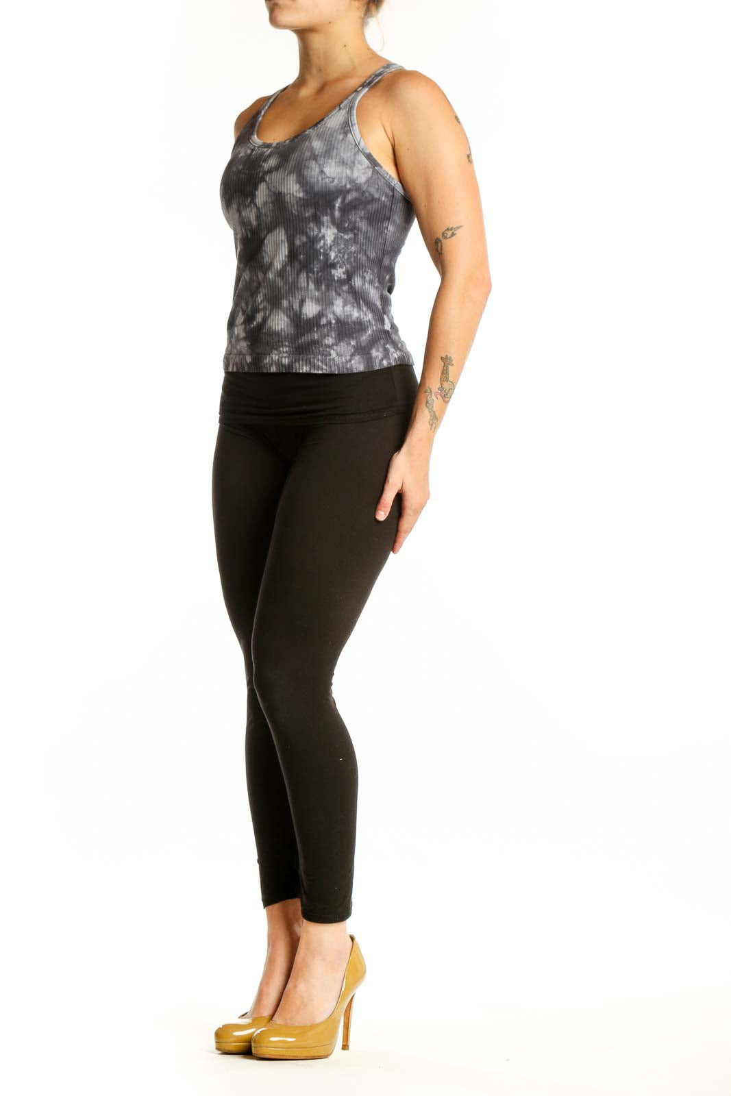 Gray tie-dye ribbed tank top front view on model, SilkRoll activewear