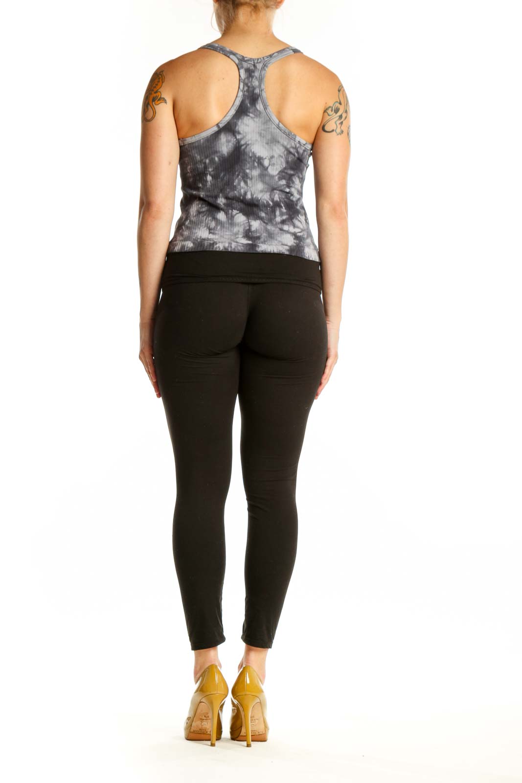 Gray tie-dye ribbed tank top back view on model, showing form-fitting design