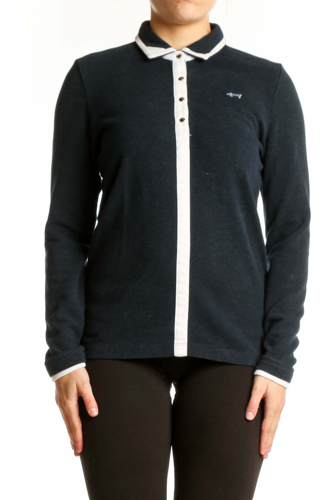 Navy Polo Collar Long Sleeve Top with white contrast trim and button-front closure, front view