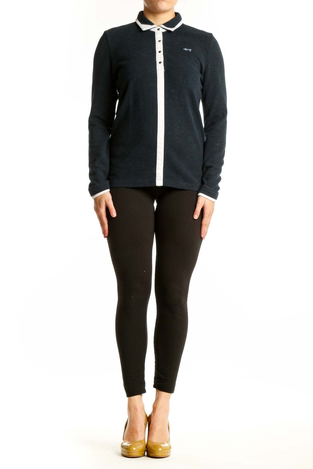 Navy Polo Collar Long Sleeve Top with white contrast trim and button-front closure, front view
