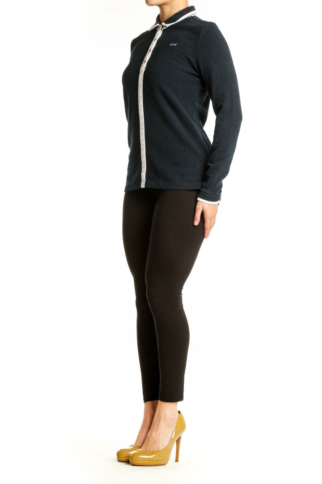 Navy Polo Collar Long Sleeve Top with white contrast trim and button-front closure, front view