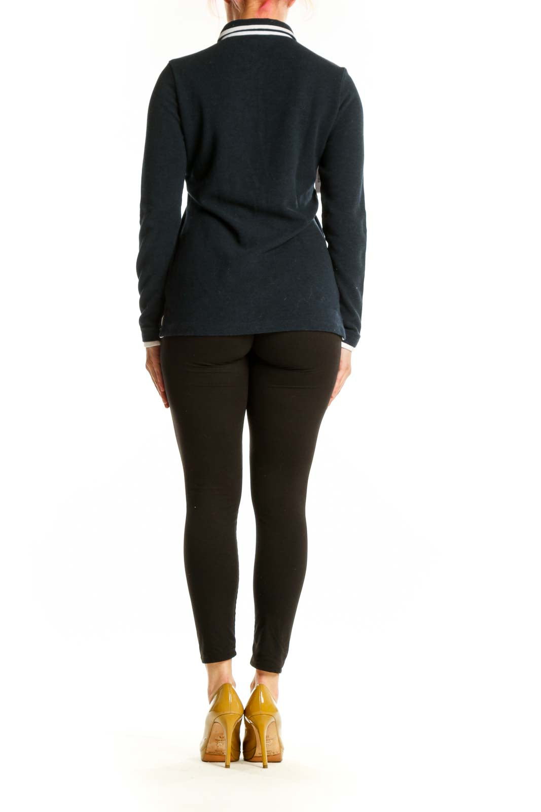 Navy Polo Collar Long Sleeve Top with white contrast trim, back view