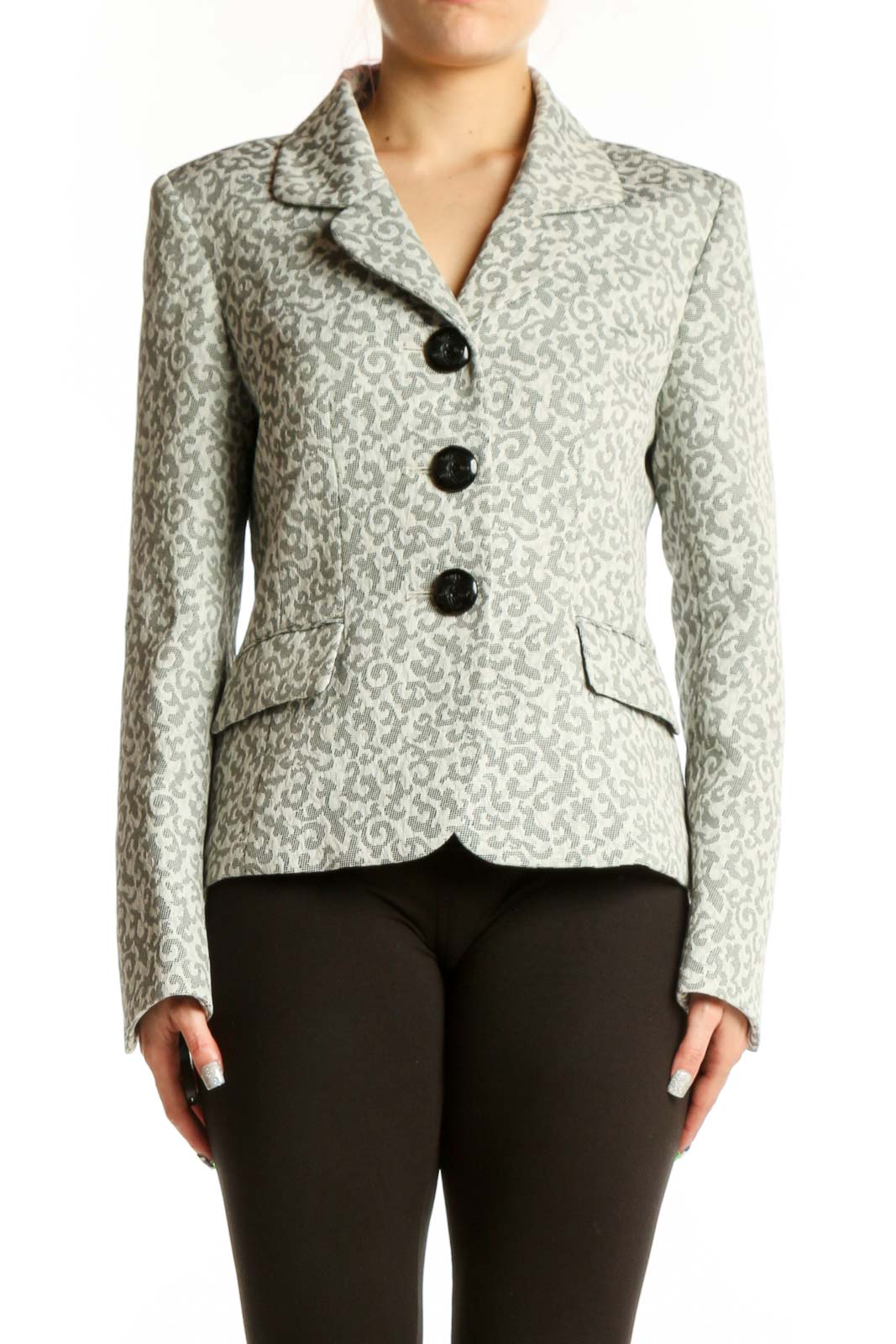 Cream jacquard tailored blazer with black button closures and notched lapels, front view