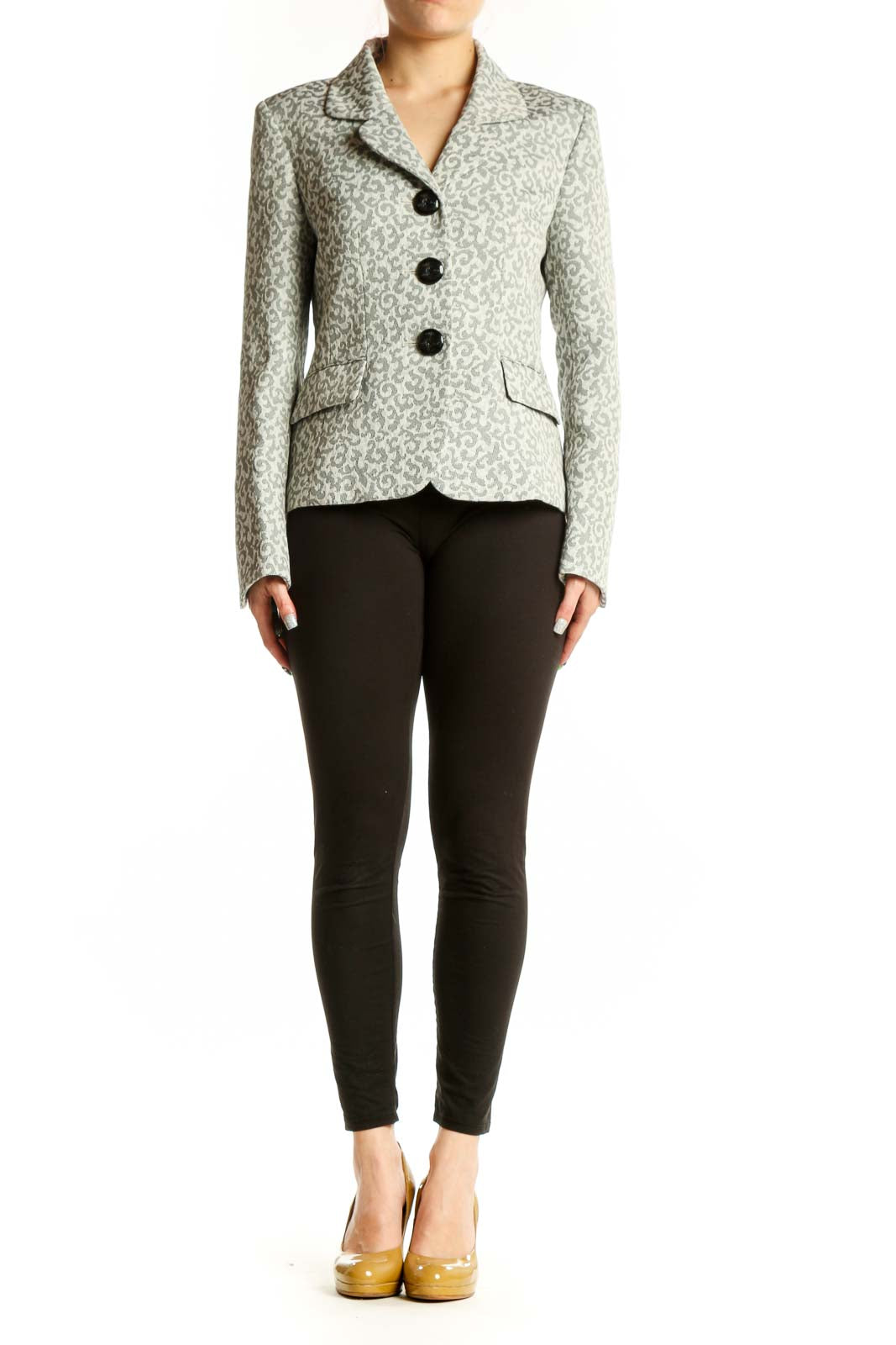 Cream jacquard tailored blazer with black button closures and notched lapels, front view