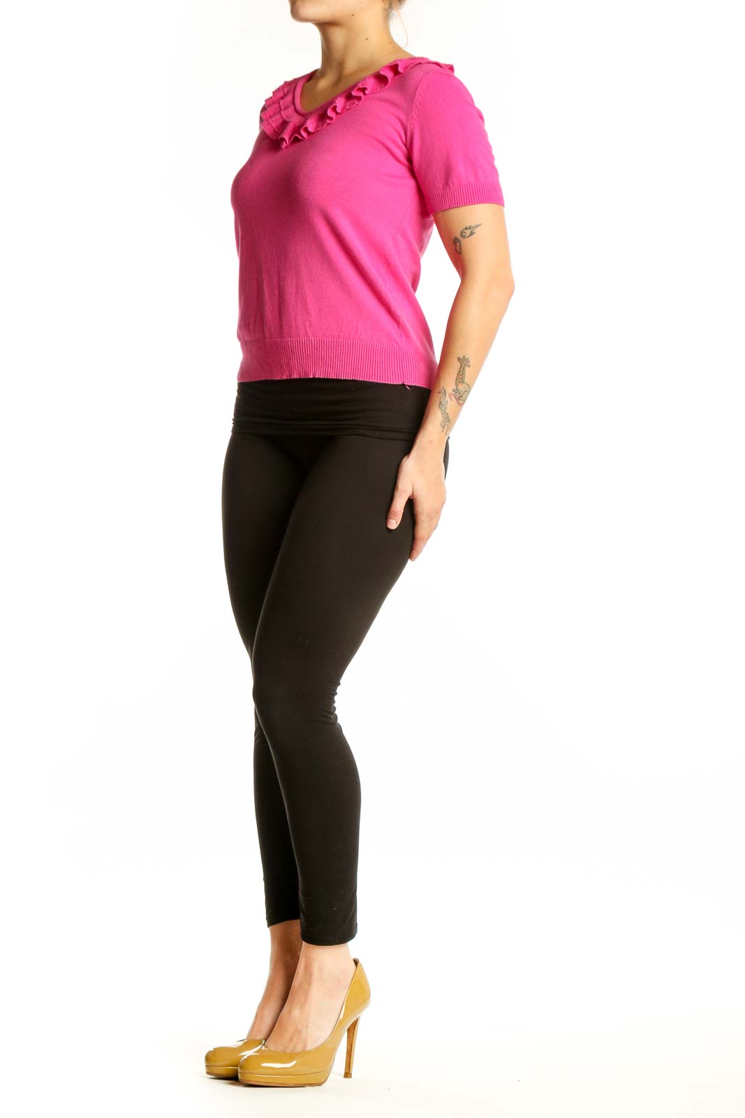 Pink ruffle V-neck short sleeve top with ruffled neckline detail, front view