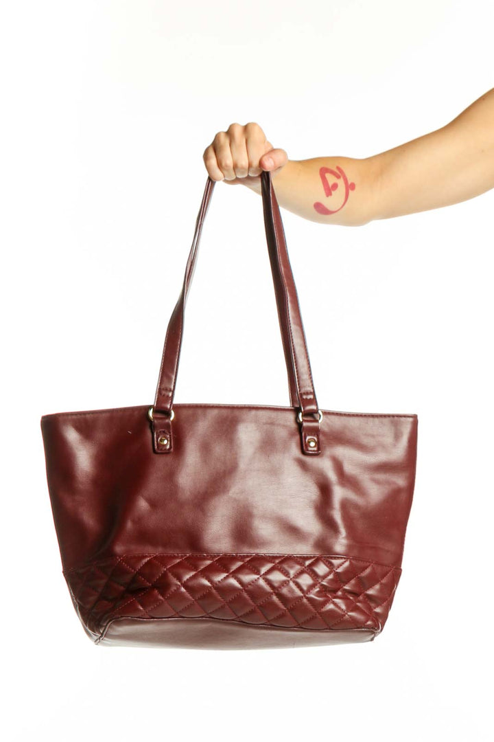 Burgundy quilted leather shoulder tote bag with dual handles, front view