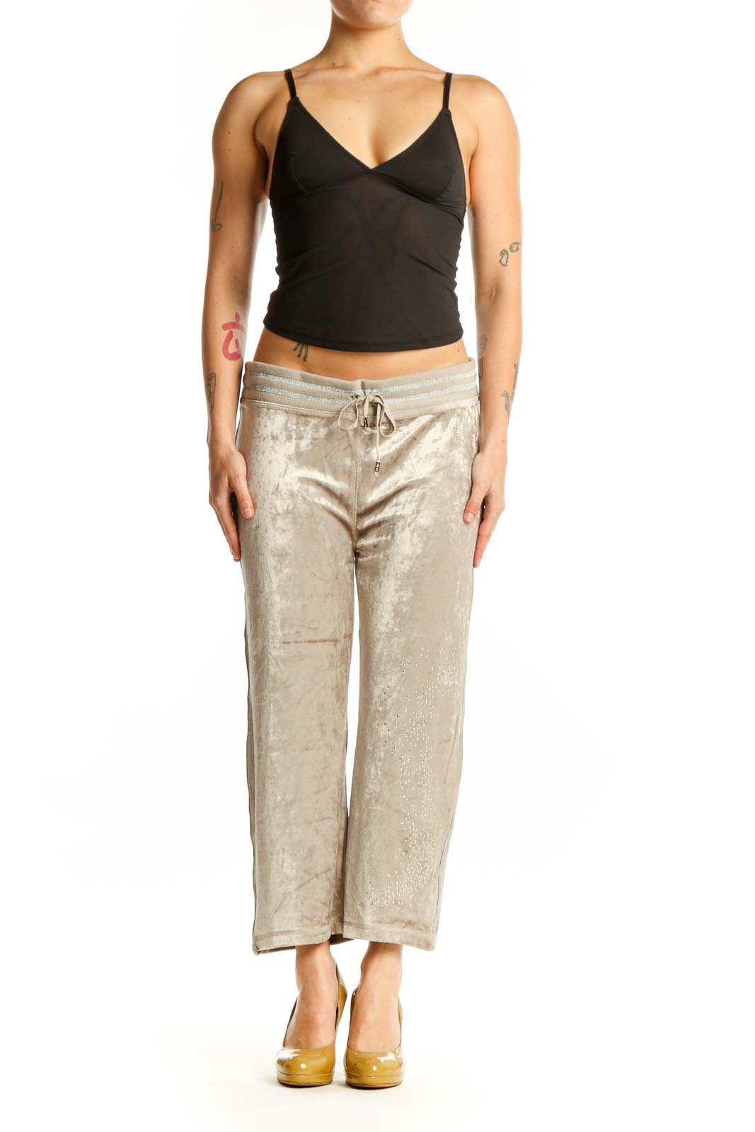 Front view of cream velvet cropped jogger pants with drawstring waistband by BCBG MaxAzria