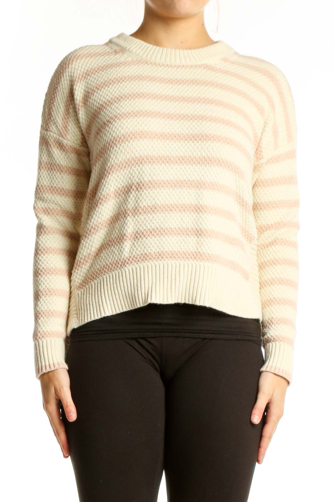 Cream and blush striped knit pullover sweater with crew neckline and ribbed cuffs, front view