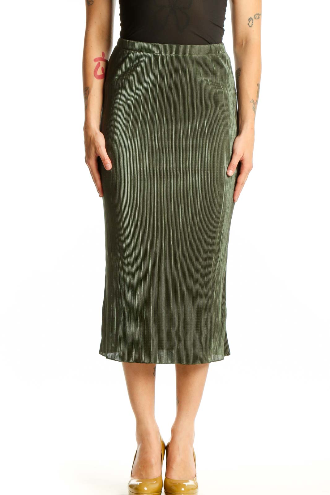 Front view of sage green pleated midi skirt with vertical pleating detail and elastic waistband