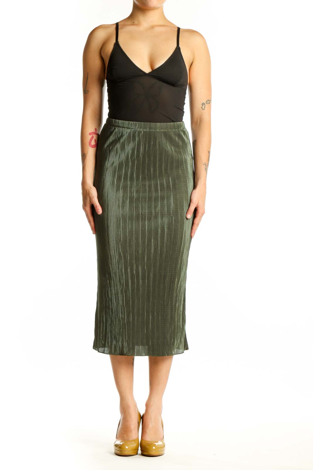 Front view of sage green pleated midi skirt with vertical pleating detail and elastic waistband