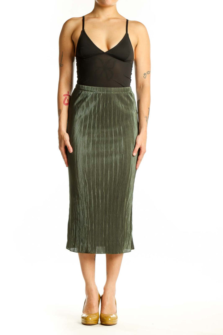 Front view of sage green pleated midi skirt with vertical pleating detail and elastic waistband