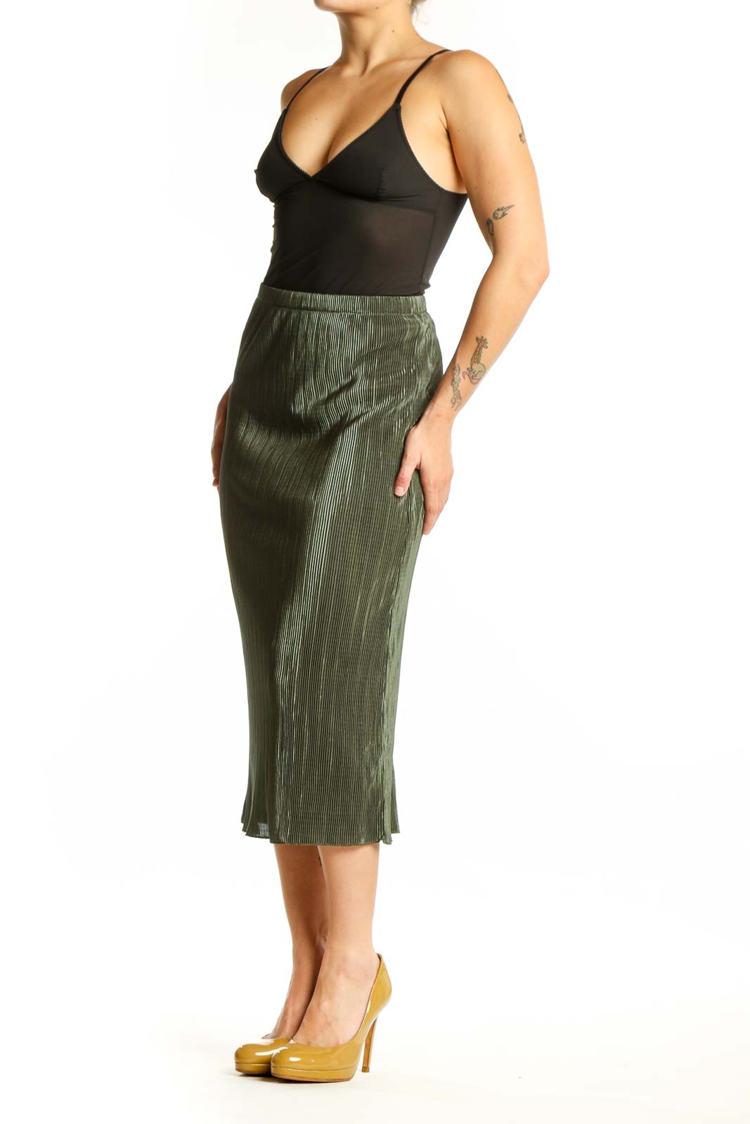 Front view of sage green pleated midi skirt with vertical pleating detail and elastic waistband