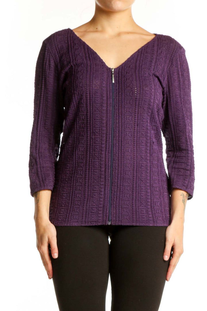 Purple ribbed zip-up top with V-neckline and three-quarter sleeves, front view