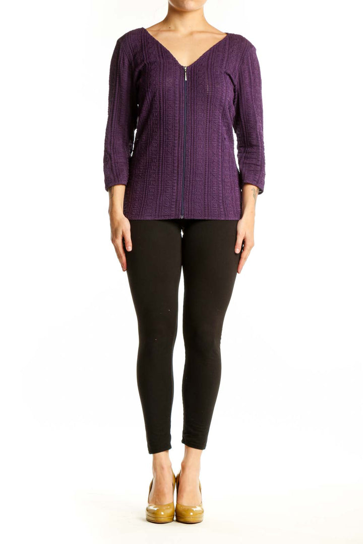 Purple ribbed zip-up top with V-neckline and three-quarter sleeves, front view