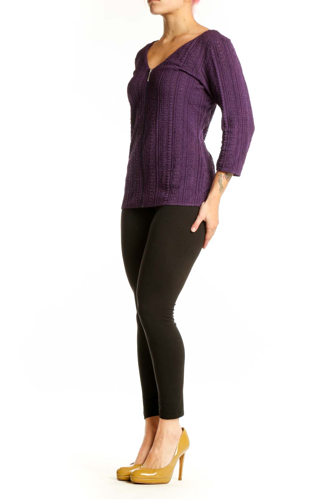 Purple ribbed zip-up top with V-neckline and three-quarter sleeves, front view