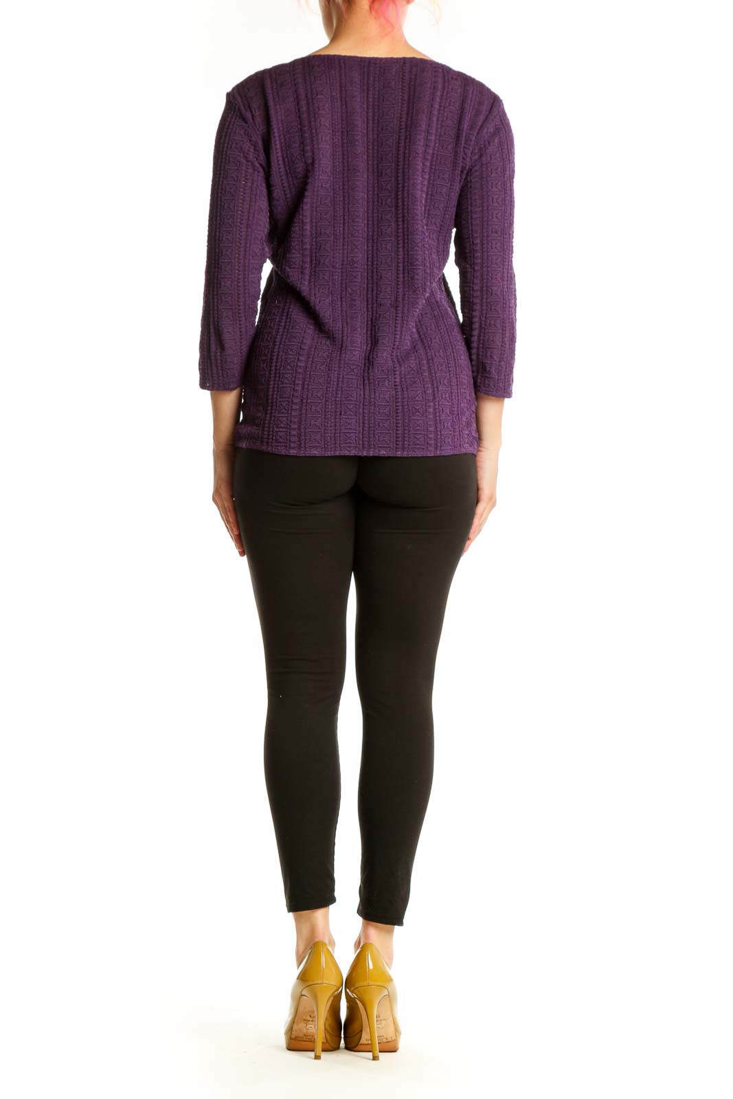 Purple ribbed zip-up top with V-neckline and three-quarter sleeves, back view