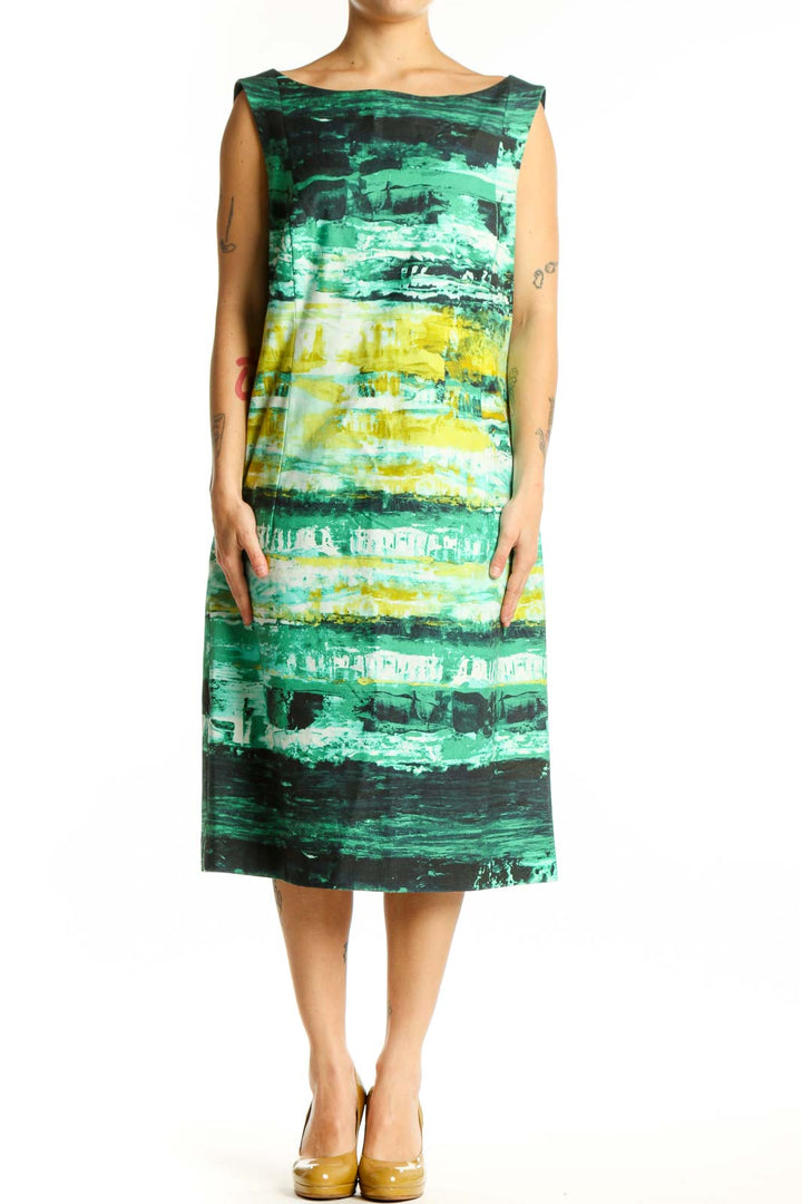 Front view of green and yellow abstract striped Lafayette 148 New York midi dress with sleeveless boat neckline
